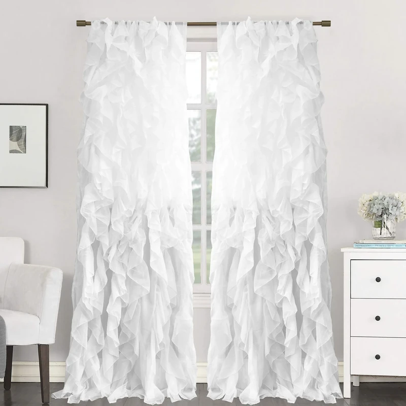 Sweet Home Collection SHRPNL-84-WHT-2PK Sheer Voile Vertical Ruffled Window Curtain Panel 50" X 84", White, 84" x 50"