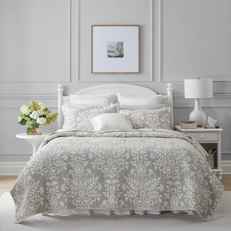 Laura Ashley Rowland Collection 100% Cotton, Reversible, All Season Bedding with Matching Sham, Pre-Washed for Added Comfort, Twin, Gray