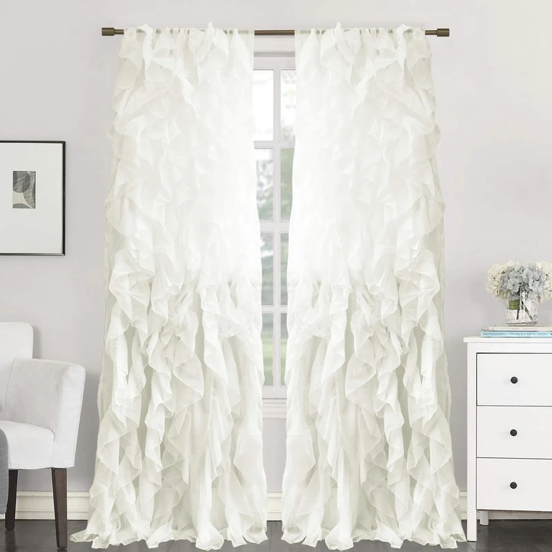 Sweet Home Collection Vertical Ruffled Waterfall Curtains, Polyester, Ivory, 50" W x 84" L (Pack of 2)