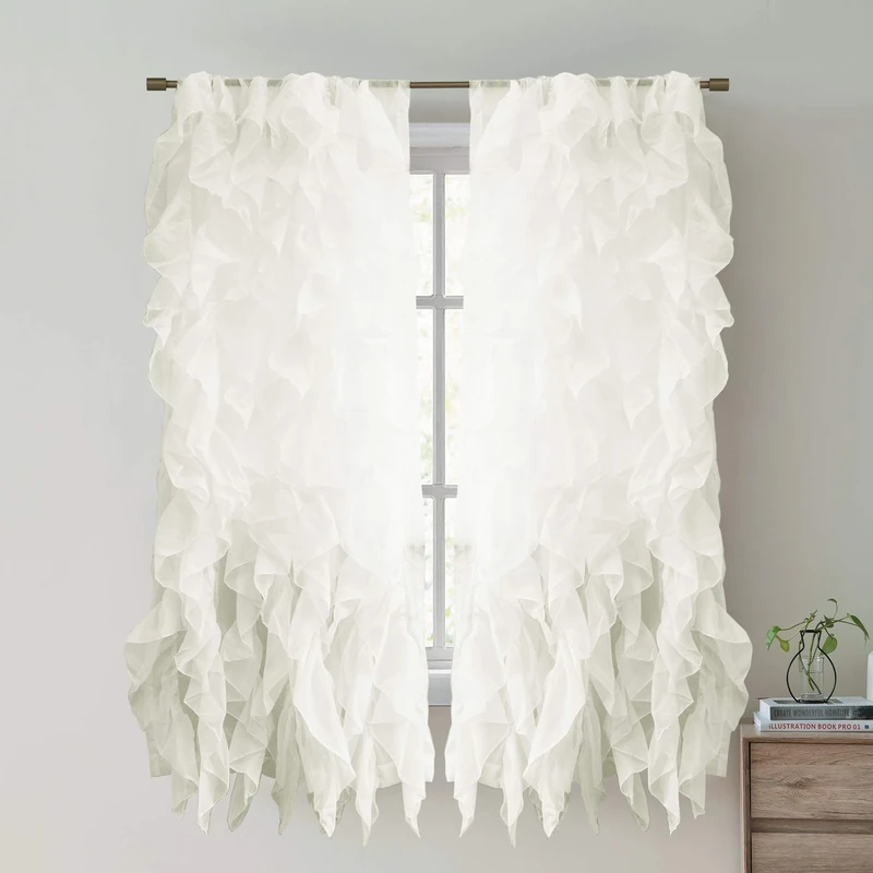 Sweet Home Collection - SHRPNL-63-IVR-2PK Sheer Voile Vertical Ruffled Window Curtain Panel, 63" x 50", Ivory, 2 Piece