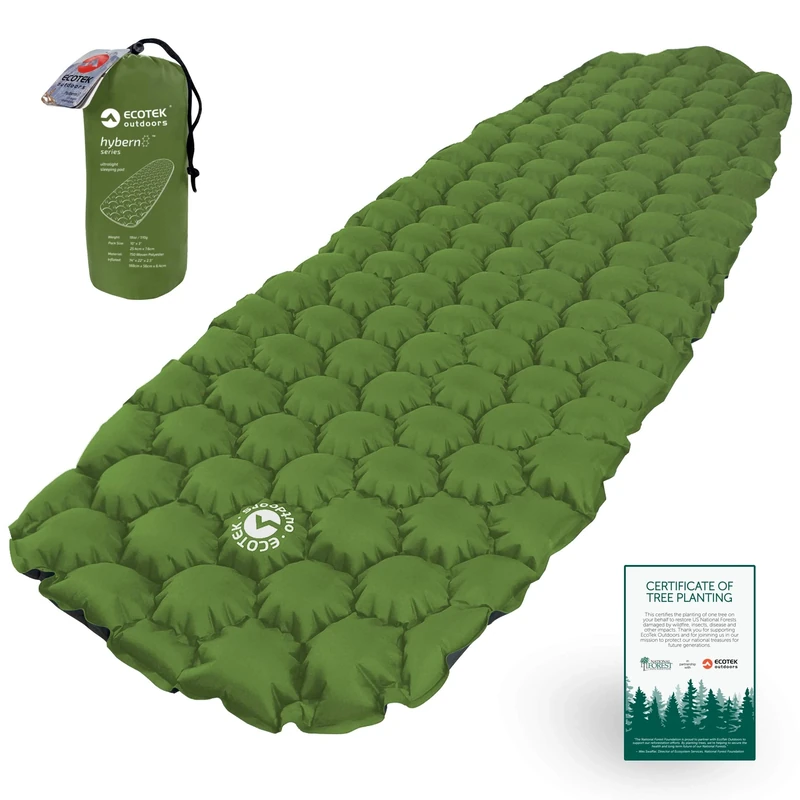 Ecotek Outdoors Hybern8 Ultralight Inflatable Sleeping Pad for Hiking Backpacking and Camping - Contoured FlexCell Design - Perfect for Sleeping Bags and Hammocks (Evergreen) - Image 1