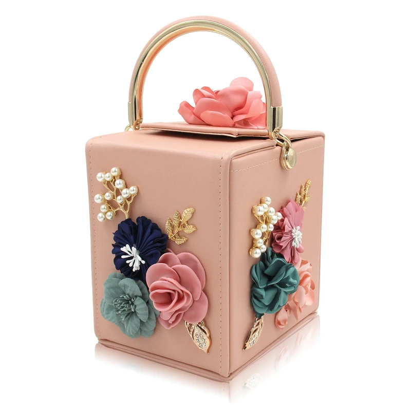 Milisente Evening Clutch Bag for Women Floral Square Box Evening Bags Crossbody Shoulder Handbags Flower Wedding Clutch Purse Light Pink Color Medium, Light pink colour, Medium