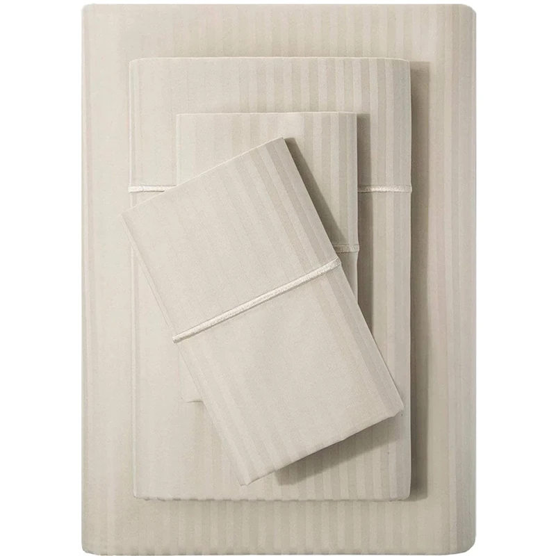 Feather & Stitch 500TC King Size Damask Bed Sheet Set, 100% Soft Cotton Breathable Bedsheets, 18" Deep Pockets Sateen Weave Striped Bedding Mattress Resort Hotel Luxury Décor - (Beige, King)