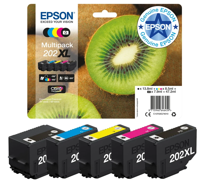 Epson 202XL Kiwi Genuine High Yield Multipack, 5-colours Ink Cartridges, Claria Premium Ink