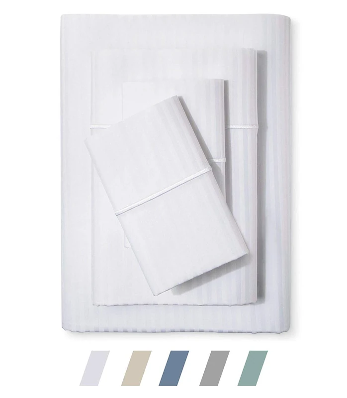 Feather & Stitch 500TC Full Size Damask Bed Sheet Set, 100% Soft Cotton Breathable Bedsheets, 18" Deep Pockets Sateen Weave Striped Bedding Mattress Resort Hotel Luxury Décor - (Stripe White, Full)