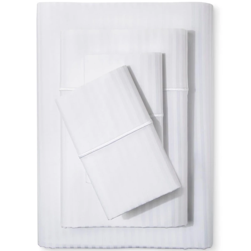 Feather & Stitch 500TC King Size Damask Bed Sheet Set, 100% Soft Cotton Breathable Bedsheets, 18" Deep Pockets Sateen Weave Striped Bedding Mattress Resort Hotel Luxury Décor - (Stripe White, King)