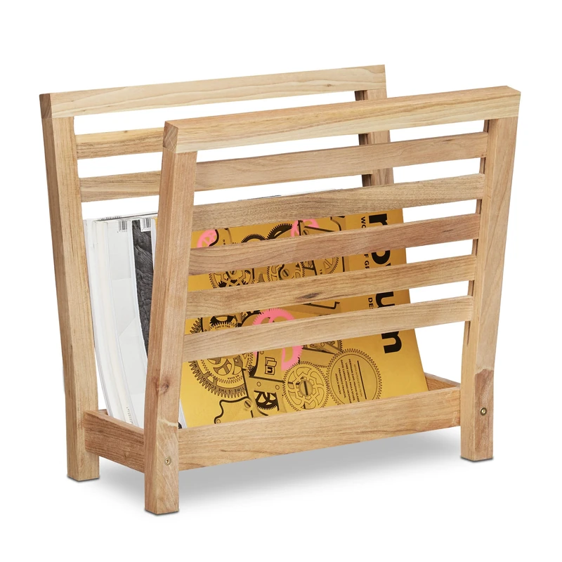 Relaxdays Walnut Newspaper Stand, Shelf, Magazine Holder, Catalogue Storage, HxWxD: 38.5 x 26.5 x 40 cm, Wood, Natural
