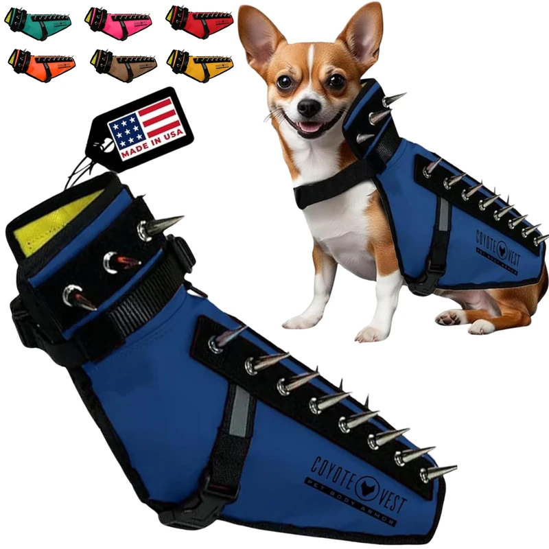 CoyoteVest Dog Harness Protection Vest, Reflective Dog Accessories with Spikes to Shield Your Pet from Raptor and Animal Attacks, Proudly Made in America (X-Small, Royal Blue)
