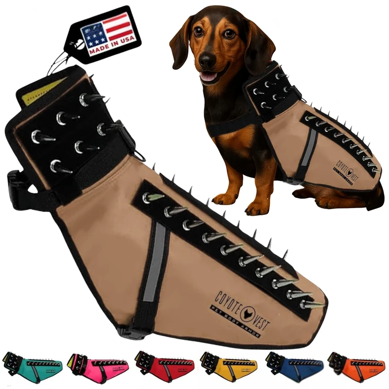 CoyoteVest Dog Harness Protection Vest, Reflective Dog Accessories with Spikes to Shield Your Pet from Raptor and Animal Attacks, Proudly Made in America (Small, Texas Tan)