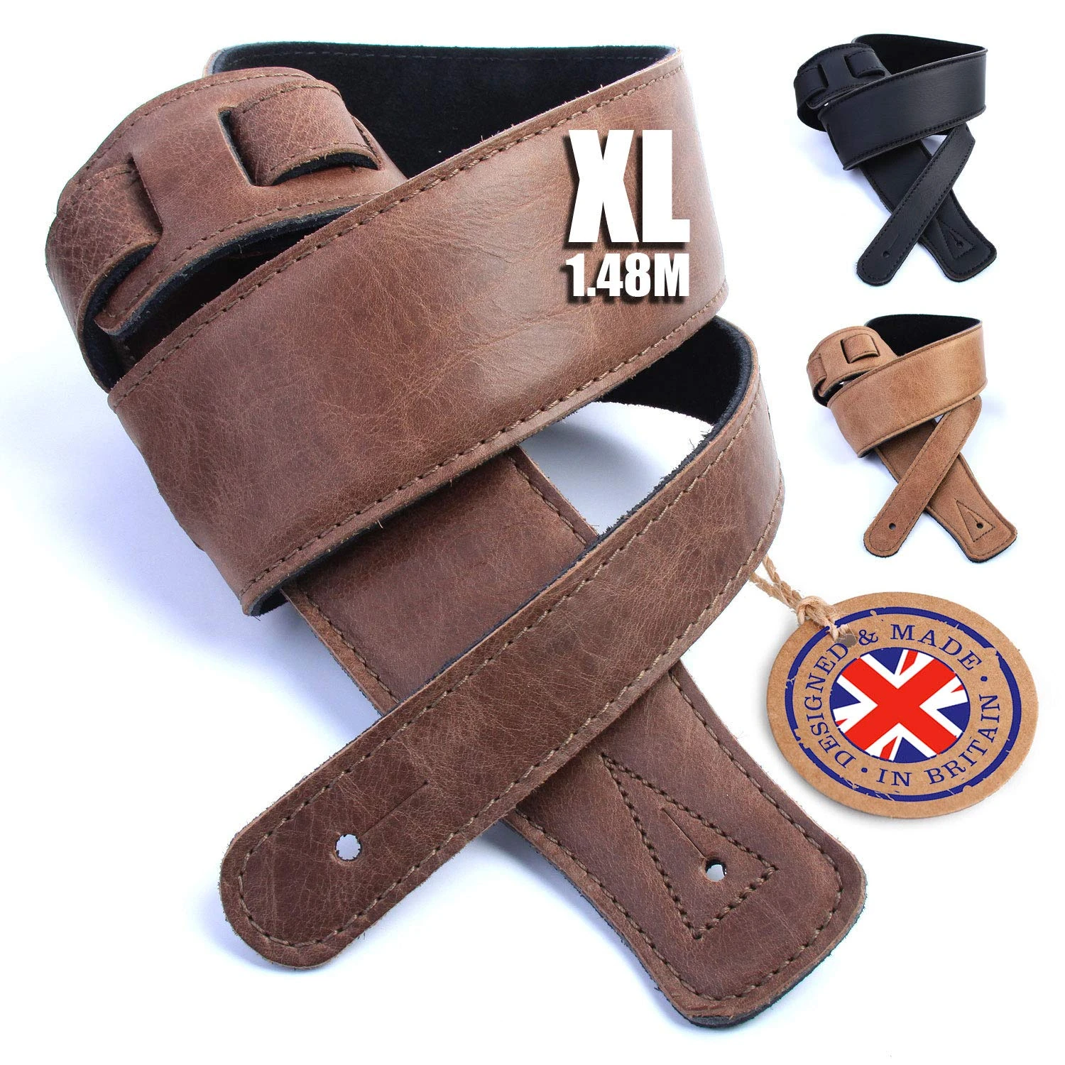 British Handmade Real Leather Guitar Strap: Finest Ultra Soft Italian Nappa Leather, 148cm long Foam Cushion Padded Guitar Belt - Suits Electric, Bass or Acoustic Instruments (inc Semi/Electro)