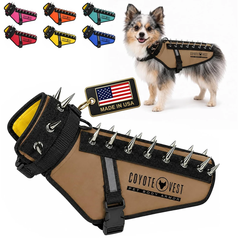 CoyoteVest Dog Harness Protection Vest, Reflective Dog Accessories with Spikes to Shield Your Pet from Raptor and Animal Attacks, Proudly Made in America (X-Small, Texas Tan)