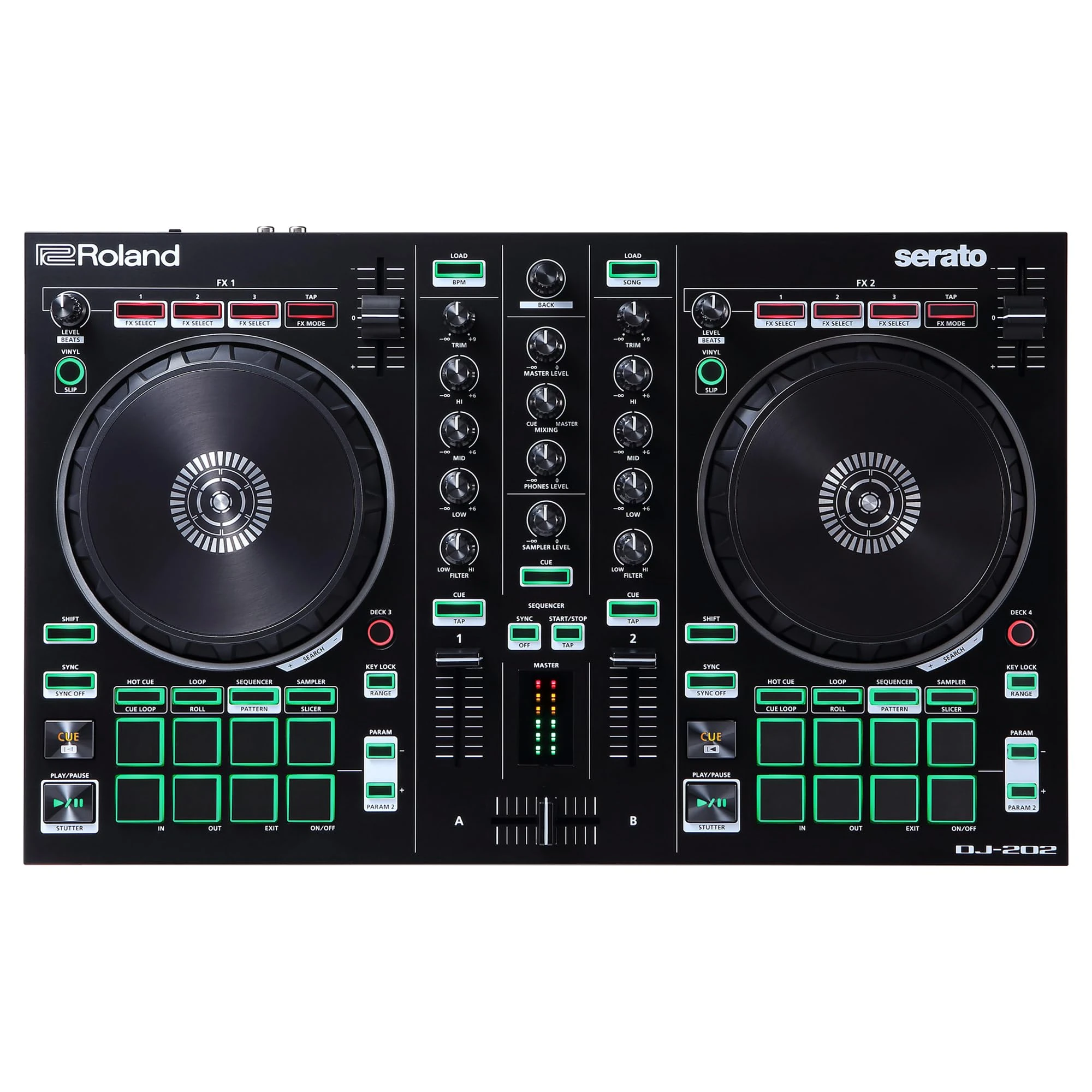 Roland DJ-202 Compact DJ Controller | 2-Channel, 4-Deck Controller for Serato DJ Lite | Large, Low-Latency Platters | Iconic Roland Drum Kit Sounds | Advanced ACB Technology | Compatible with Spotify