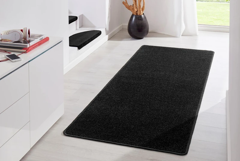 Hanse Home Indoor Rug Fancy - Living Room Rug Plain Modern Velour Rug for Dining Room, Living Room, Children's Room, Hallway, Bedroom, Kitchen - Black, 80 x 300 cm
