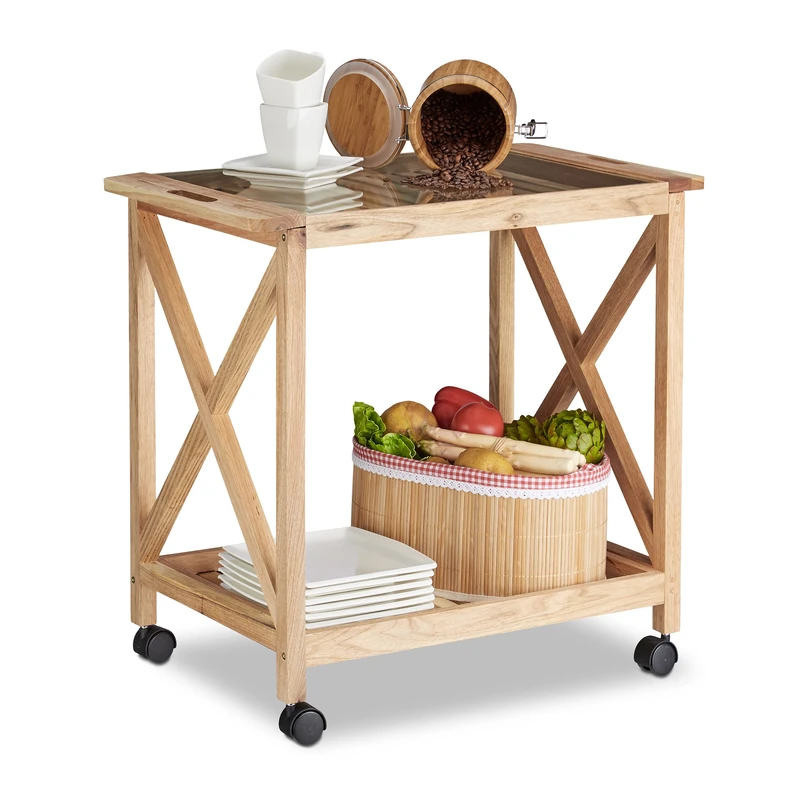 Relaxdays Wooden Kitchen Cart with Wheels, Serving Trolley with Glass Top, 2 Tiers, HxWxD: 63 x 66.5 x 38 cm, Natural