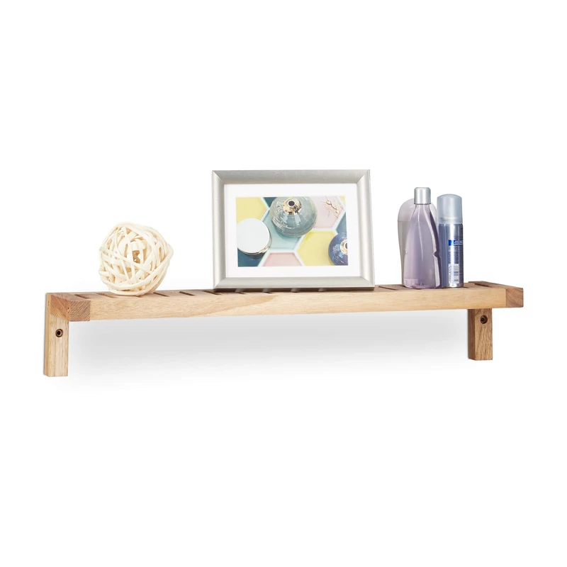 Relaxdays Walnut Wall Rack, Hanging Shelf, Wooden Shelving Unit, for Bathroom, Kitchen, Kid’s Room, HxWxD: 10 x 60 x 12.5 cm, Natural