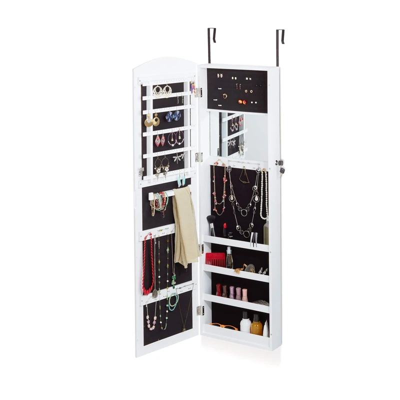 Relaxdays Jewellery Chest with Mirror, Mirrored Door-Hanging Cabinet, Earring Storage, HxWxD: 124 x 36.5 x 10 cm, White