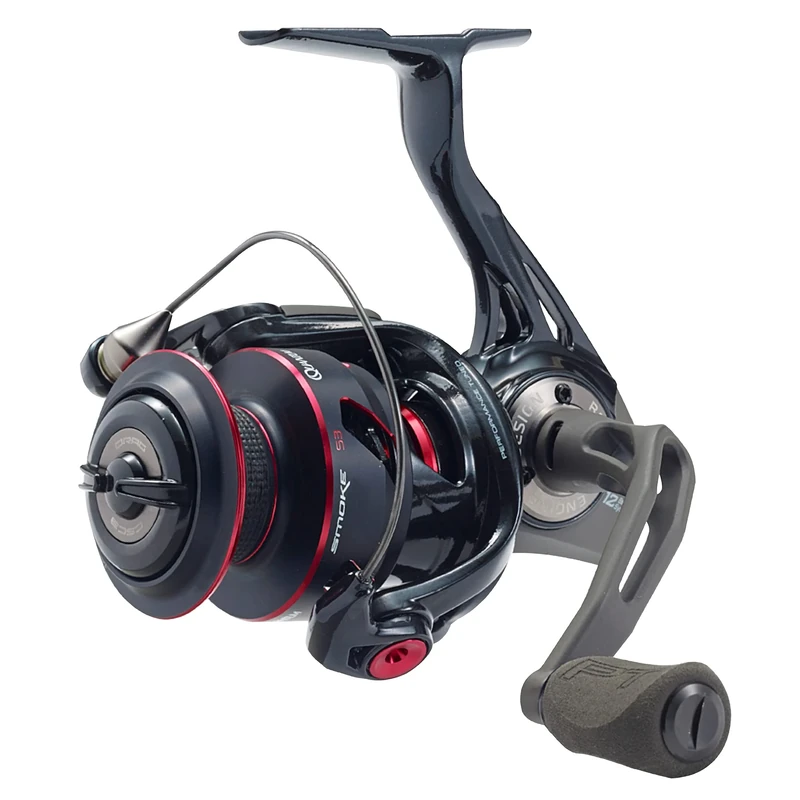Quantum Smoke Spinning Fishing Reel, Size 25 Reel, Changeable Right- or Left-Hand Retrieve, Continuous Anti-Reverse Clutch with NiTi Indestructible Bail, SCR Alloy Frame, Black