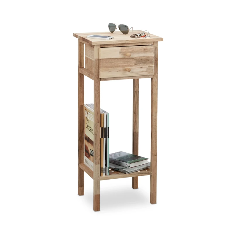 Relaxdays Walnut Side Table with Drawer, 2 Shelves, Telephone Table, Tall Wooden Table, HxWxD: 80 x 35 x 30 cm, Natural