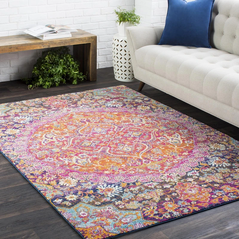 Livabliss Bechar Vintage Rug - Area Rugs Living Room 120x170 cm, Dining Floor, Kitchen, Traditional Multicoloured Boho Style, Easy Care Pile, Bohemian Large Rug, Orange, Burgundy, Navy, Purple