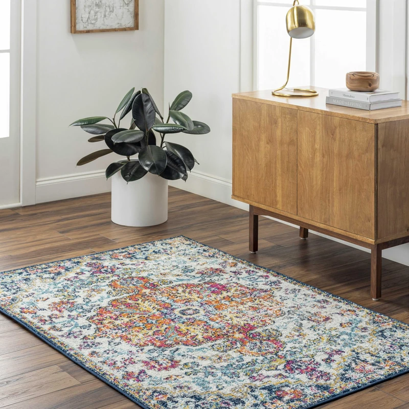 Livabliss Lou Asmara Vintage Runner 95x150 cm – Traditional Multicolour Boho Style for Hallway, Kitchen & Living Room, Easy Care Floor Covering, Blue Orange
