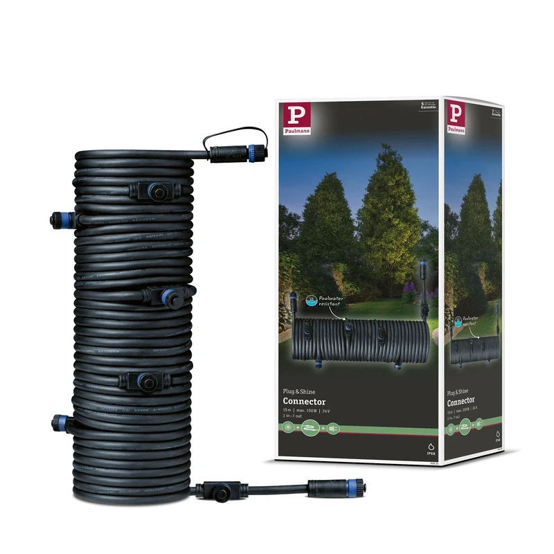Paulmann 93931 Outdoor Plug & Shine Cable IP68 15m 1 in-7 Out 2x1,5mm² Black Plastic, 1500 x 1.5 x 1.5 cm