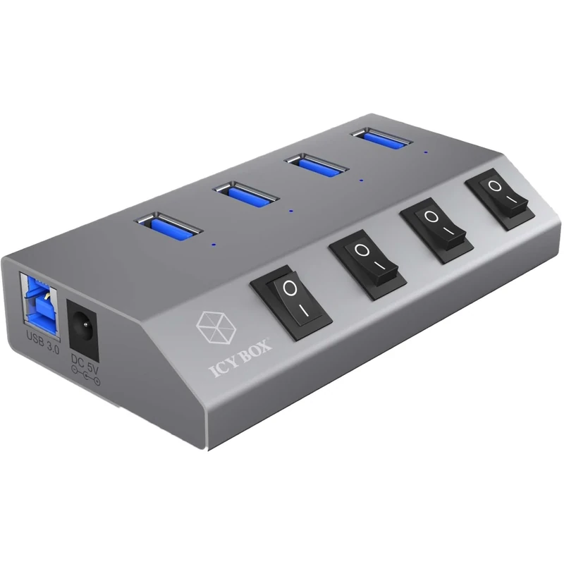 ICY BOX IB-Hub1405 4-Way USB 3.0 Hub and Charger, On/Off Switch for Each Port, Power Supply (5V/4A), Aluminium, Charging Standard BC 1.2, Grey