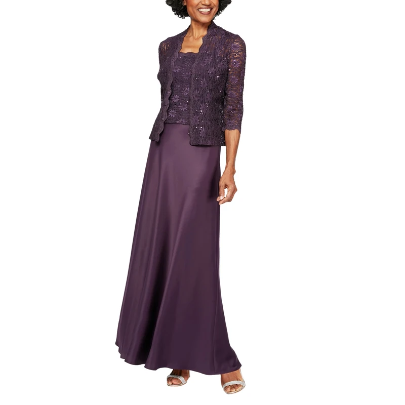 Alex Evenings Women's Two Piece Mother of The Bride Dress with Lace Jacket (Petite and Regular Sizes) Special Occasion, Eggplant, 12 (Pack of 2)