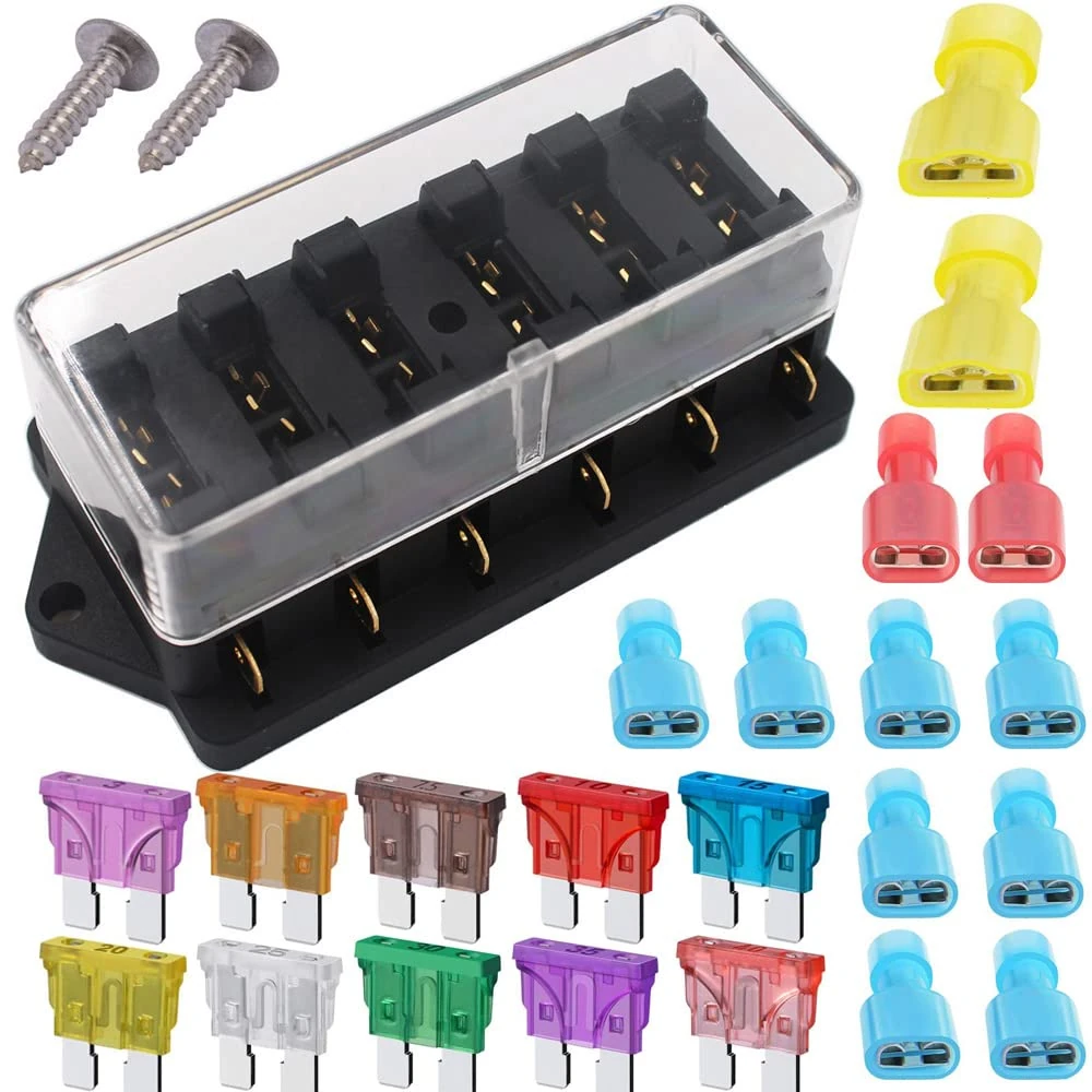 Gebildet 6 Way 32 V 1 ~ 40 A Generic Fuse Box, Blade Fuse Holder Lock with 10 Blade Free Fuses, 3A/5A/7.5A/10A/15A/20A/25A/30A/35A/40A