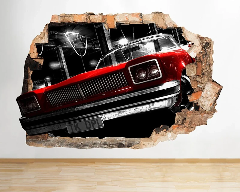 F292 Red Vintage Retro Car Living Smashed Wall Decal 3D Art Stickers Vinyl RoomKids Bedroom Baby Nursery Cool Livingroom Hall Boys Girls