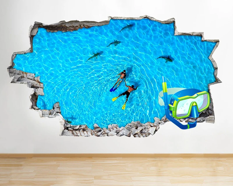 F442 Water Pool Shark Swim Snorkel Smashed Wall Decal 3D Art Stickers Vinyl RoomKids Bedroom Baby Nursery Cool Livingroom Hall Boys Girls