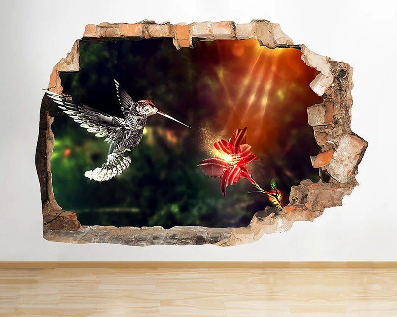 D596 Cool Hummingbird Flower Hall Smashed Wall Decal 3D Art Stickers Vinyl RoomKids Bedroom Baby Nursery Cool Livingroom Hall Boys Girls