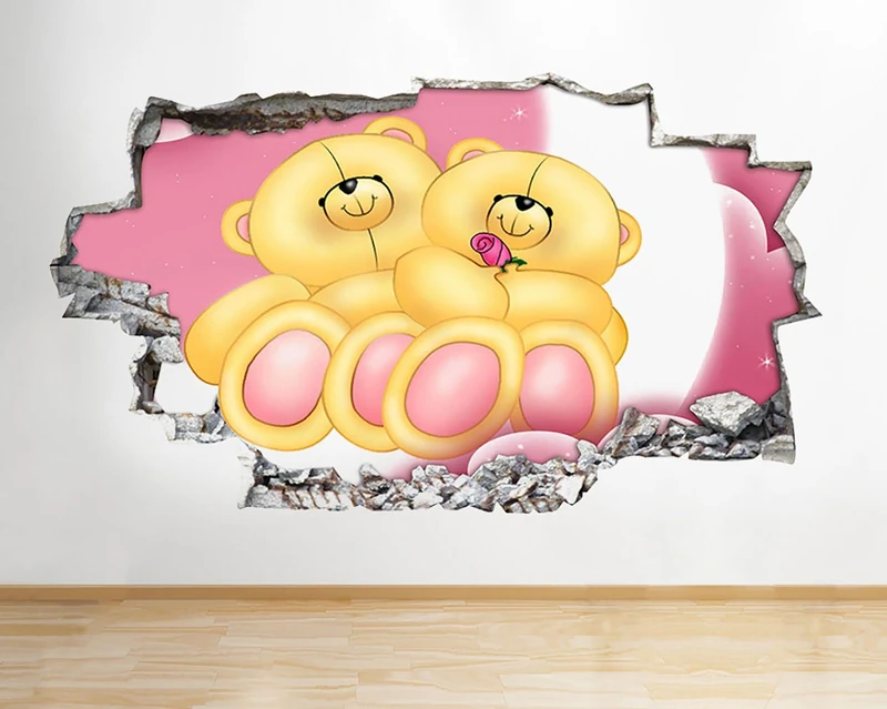 D528 Teddy Bear Cartoon Nursery Smashed Wall Decal 3D Art Stickers Vinyl RoomKids Bedroom Baby Nursery Cool Livingroom Hall Boys Girls
