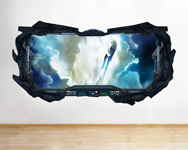 F260 Space Ship UFO Clouds Boys Window Wall Decal 3D Art Stickers Vinyl RoomKids Bedroom Baby Nursery Cool Livingroom Hall Boys Girls