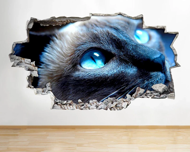 F604 Siamese Cat Blue Eyes Animal Smashed Wall Decal 3D Art Stickers Vinyl RoomKids Bedroom Baby Nursery Cool Livingroom Hall Boys Girls