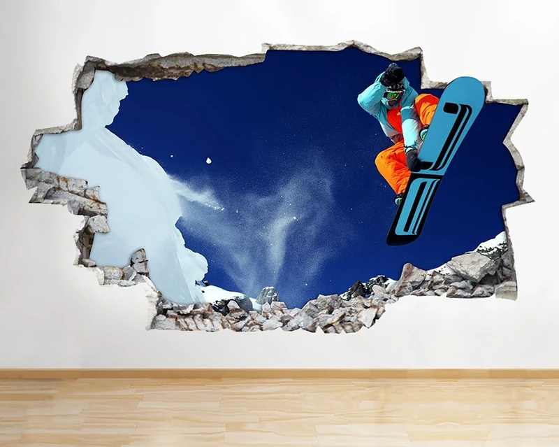 D860 Snow Board Winter Mountain Smashed Wall Decal 3D Art Stickers Vinyl RoomKids Bedroom Baby Nursery Cool Livingroom Hall Boys Girls