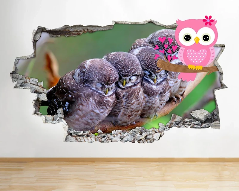 F843 Cute Baby Grey Owls Nursery Smashed Wall Decal 3D Art Stickers Vinyl RoomKids Bedroom Baby Nursery Cool Livingroom Hall Boys Girls