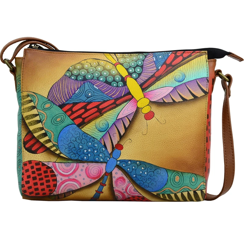 Anna by Anuschka Women's Hand-Painted Leather Slim Medium Crossbody-Dancing Dragonflies, One Size
