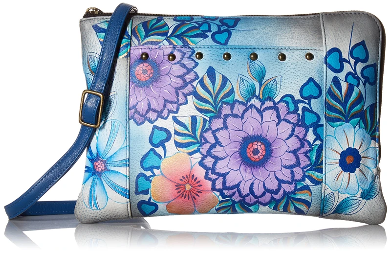 ANUSCHKA Anna Hand Painted Leather Women'S Medium Crossbody Organizer, Summer Bloom Blue