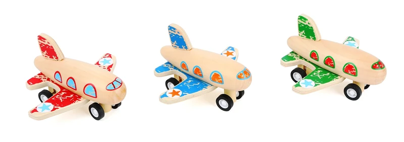 Small Foot 10688 Wooden Pull-Along Airplane Three Different Versions, Stable Rubber Tyres with Pull-Back Mechanism