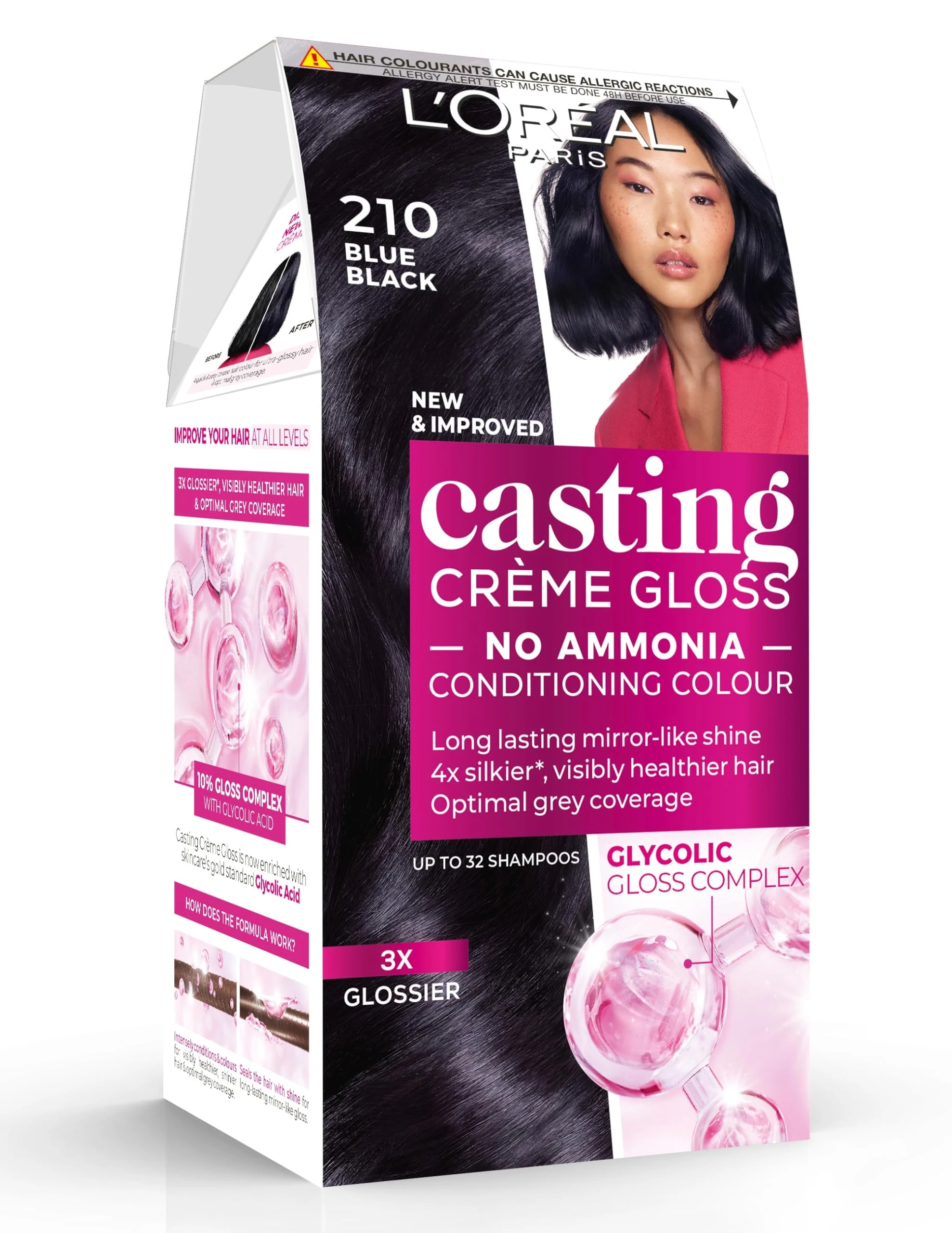 Casting Crème Gloss 210 Blue Black: A no-ammonia, semi-permanent hair colour lasting 32 washes. Achieve up to 3x glossier, 4x silkier, visibly healthier hair with a deep, striking blue black.
