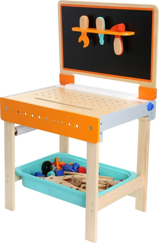 Small Foot 10603 Workbench and Paiting Table as A 2-in 1 Wooden Toy, offers Plenty of Space for Tools Such as Hammer, Screwdriver & Co., Foldable Backboard Serves as Paiting Table, Incl. Paper Roll and Pencil Box