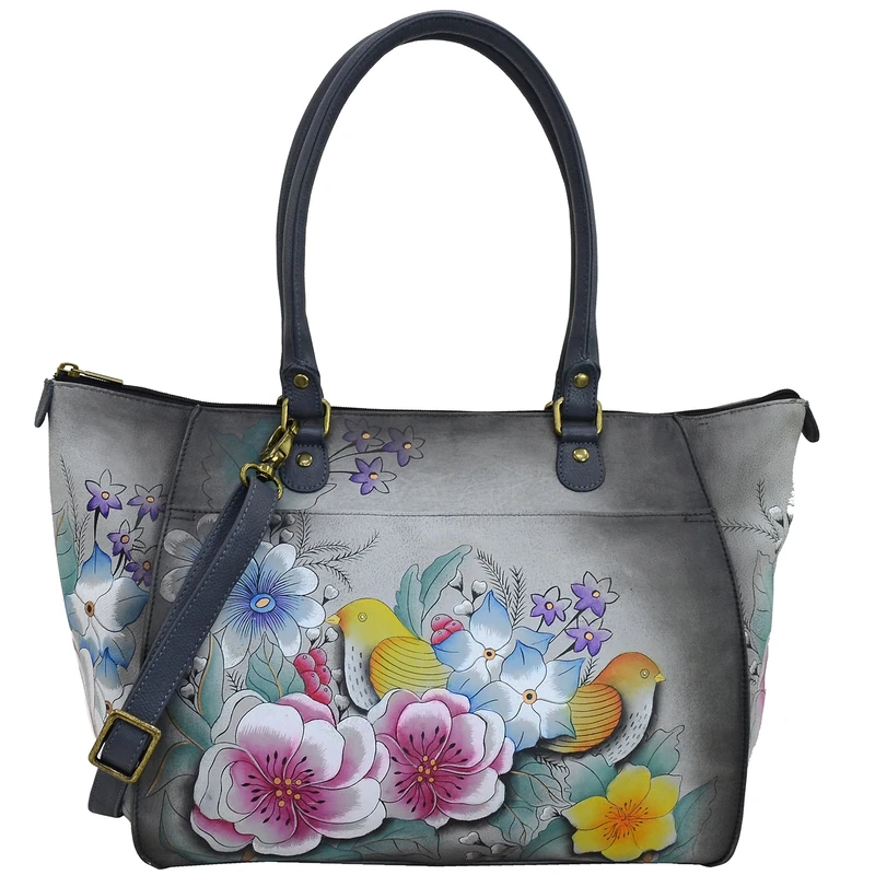 Anna by Anuschka Women's Handpainted Leather Tote Bag, Vintage Garden Grey, L