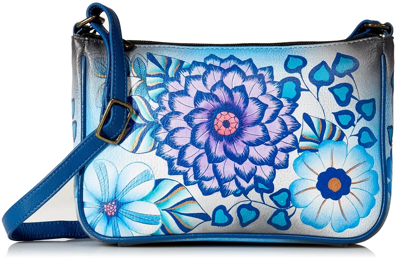 ANUSCHKA Anna Hand Painted Leather Women'S Mini Wide Crossbody, Summer Bloom Blue