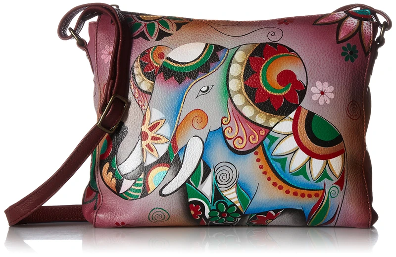 Anuschka Anna Hand Painted Leather Women'S Slim Medium Crossbody, Retro Elephant