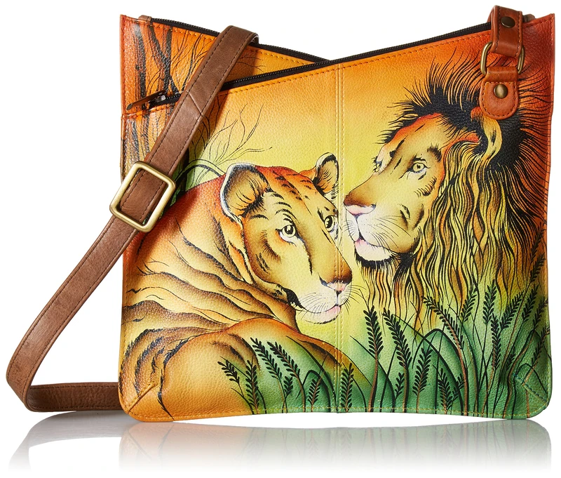 ANUSCHKA Anna Hand Painted Leather Women'S V Top Multicompartment Crossbody, Lion in Love