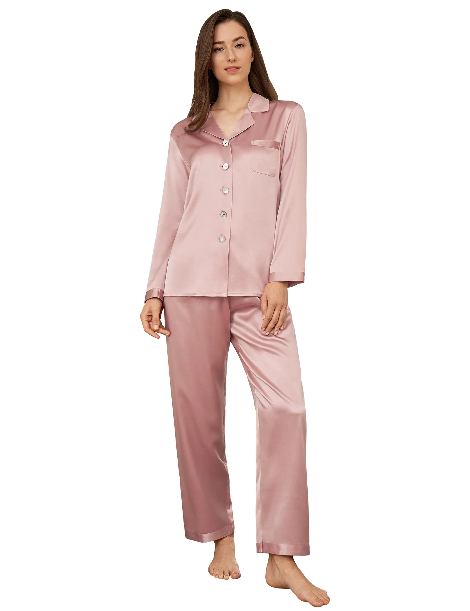 LilySilk Women's Silk Pyjama Set 22 Momme Long Sleeves Pajamas Sleepwear 100% Pure Mulberry Silk Charmeuse Rosy Pink Size 12/M