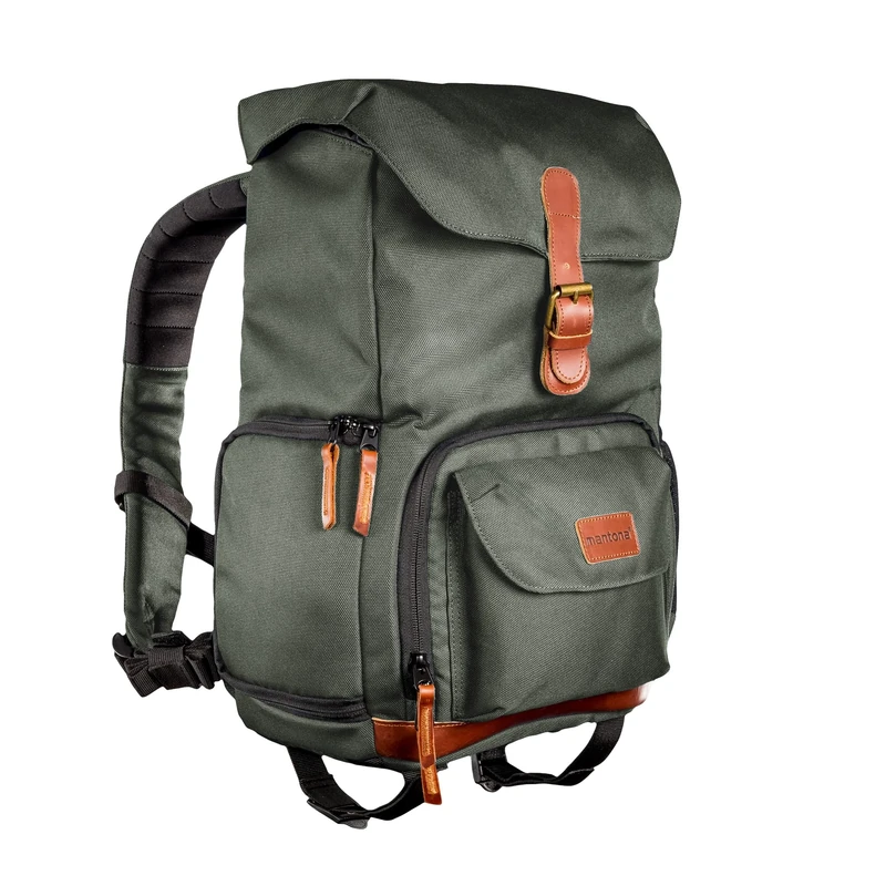 Mantona Luis junior retro photo backpack w/Genuine leather applications, incl. rain cover, flexible organisation and tablet compartment for 1x DSLR camera, 1-2 lenses, various photo accessories, green
