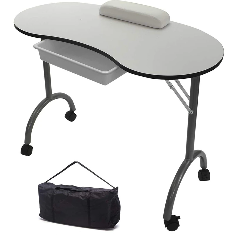RayGar White Portable Foldable Mobile Manicure Nail Art Beauty Salon Table Desk With Pull Out Drawer + Wrist Rest + Carry Bag