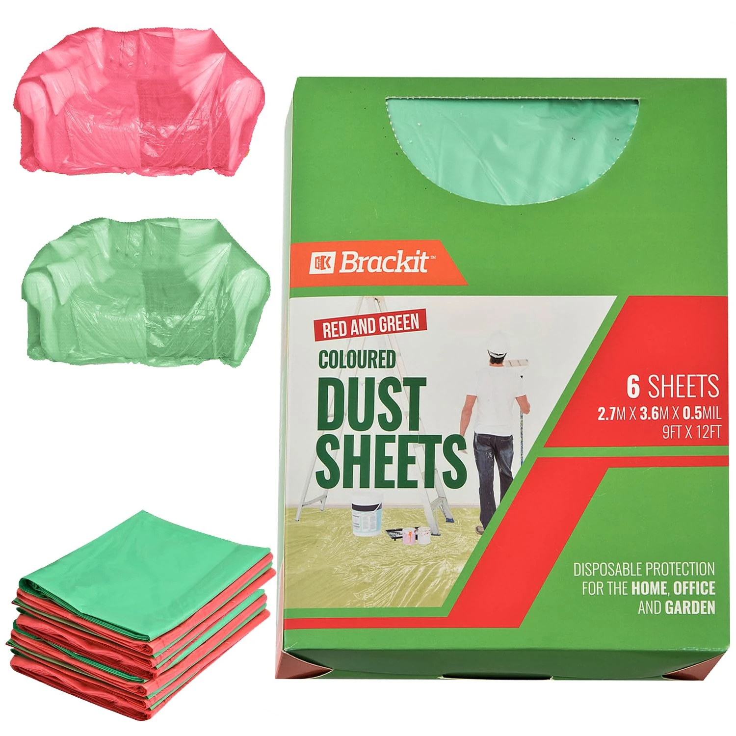 Brackit Plastic Disposable Dust Sheets - 6-Pack 3.6m x 2.7m (12x9ft) - Dustproof & Waterproof Polythene Sheets for Decorating - Red & Green Colour Drop Cloth