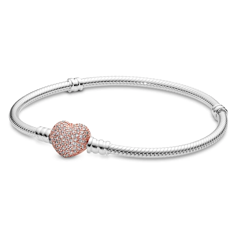 Pandora Icons Snake chain silver bracelet with 14k rose gold-plated heart clasp and clear cubic zirconia, 16